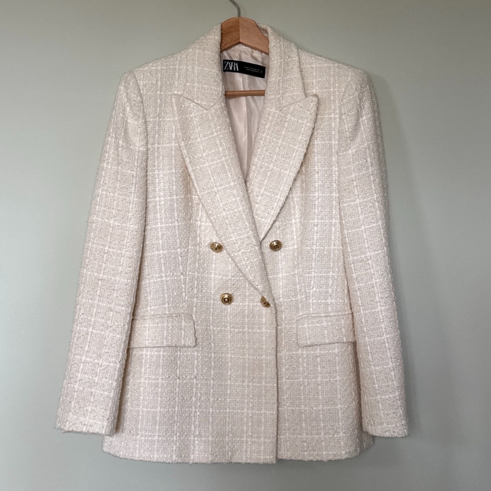 Zara Cream Textured Double-Breasted Blazer